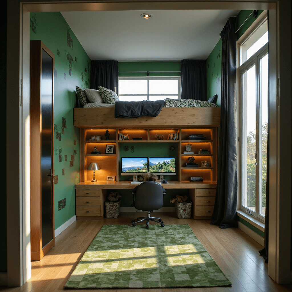 A low-angle view from the doorway of a spacious Minecraft-themed bedroom featuring forest green walls with pixelated decals, a loft-style bed with a light oak desk underneath, and creative storage solutions like floating cube shelves. The room is illuminated by soft afternoon light and LED strip lighting, showcasing emerald green and brown decor, custom creeper-pattern bedding, and a geometric area rug.