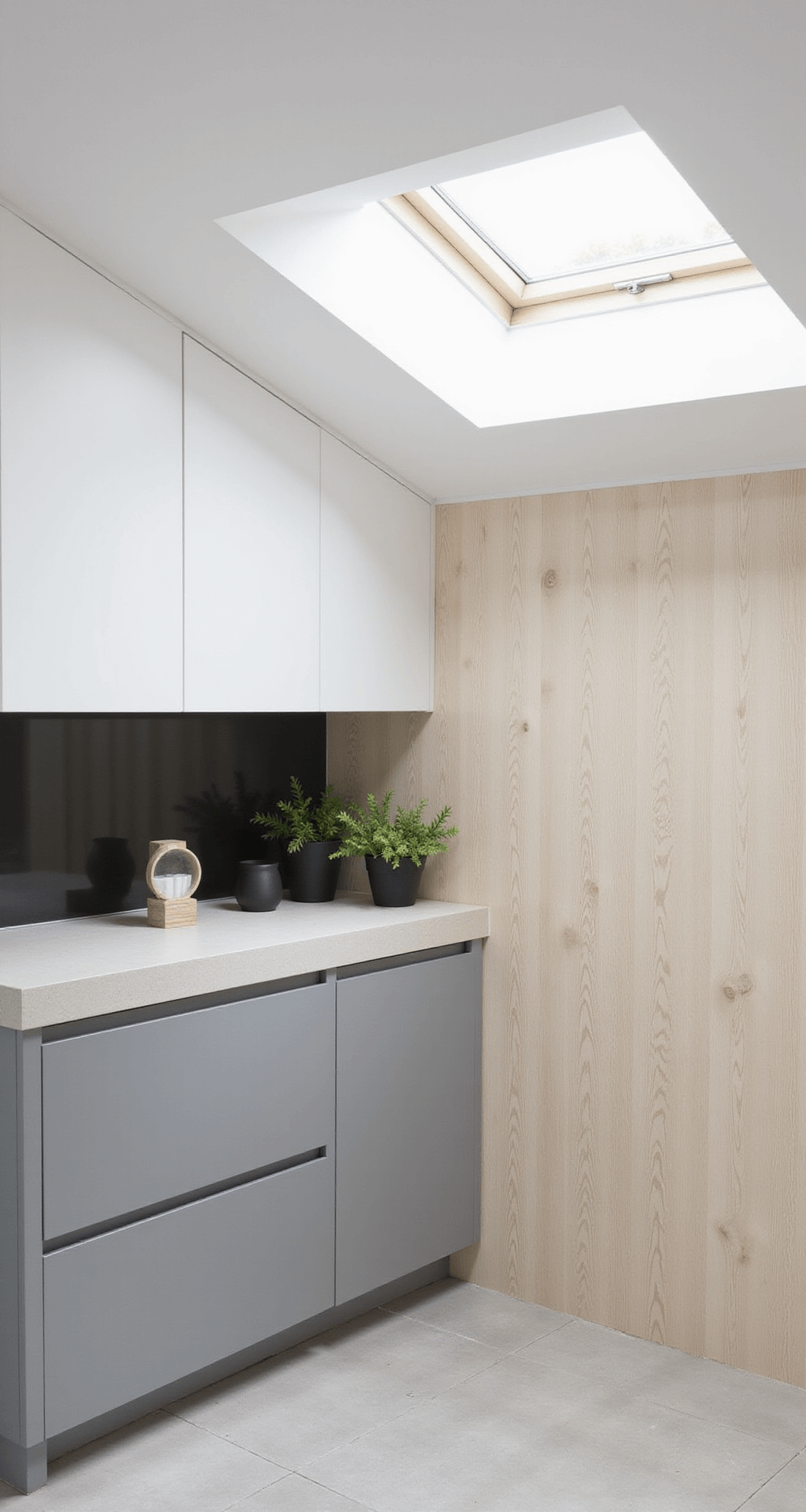 A minimalist Scandinavian kitchen featuring light gray lower cabinets and white upper cabinets with a skylight, accented by pale ash wood. The corner shot highlights clean lines and soft shadows from diffused natural light, styled with matte black accessories and simple greenery.