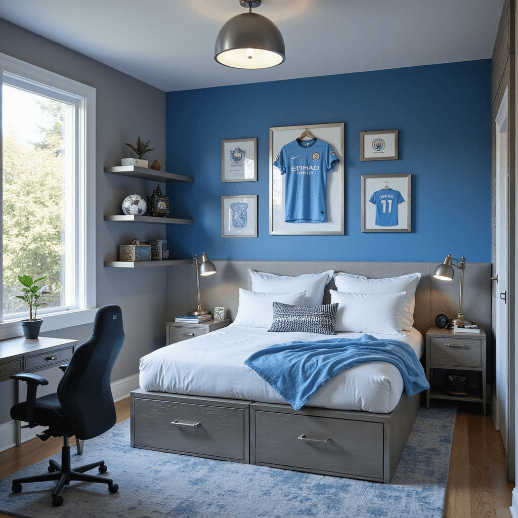 Corner view of a sports-themed bedroom featuring a Manchester City blue accent wall with signed jerseys in floating frames, a twin platform bed with storage, modern desk and ergonomic chair, and sports equipment on industrial shelving, all illuminated by morning sunlight.