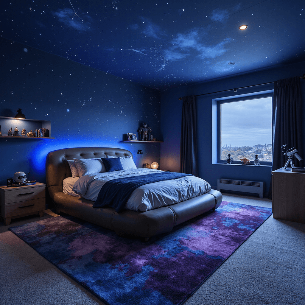 A wide-angle view of a space-themed bedroom featuring midnight blue walls adorned with hand-painted constellations and glow-in-the-dark stars, a custom rocket ship bed, a built-in observatory nook with a telescope, a nebula-inspired area rug, and floating planet models, all illuminated by a mix of blue LED and warm desk lighting, creating a moody, ethereal atmosphere.
