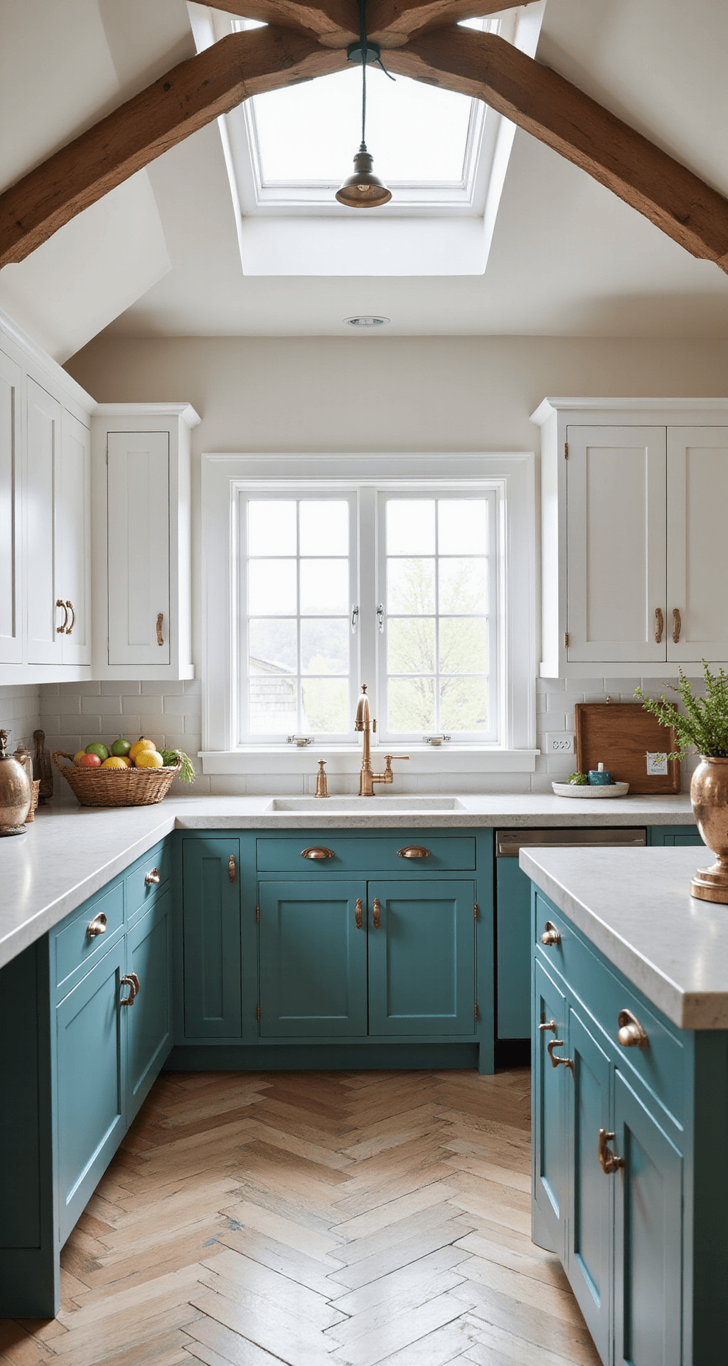 A modern farmhouse kitchen with Aegean teal lower cabinets and white upper cabinets, featuring soapstone countertops and weathered brass hardware. Exposed wooden beams grace the vaulted ceiling, and the herringbone tile floor is highlighted by natural light from a skylight, showcasing antique copper pots, woven baskets, and fresh produce.
