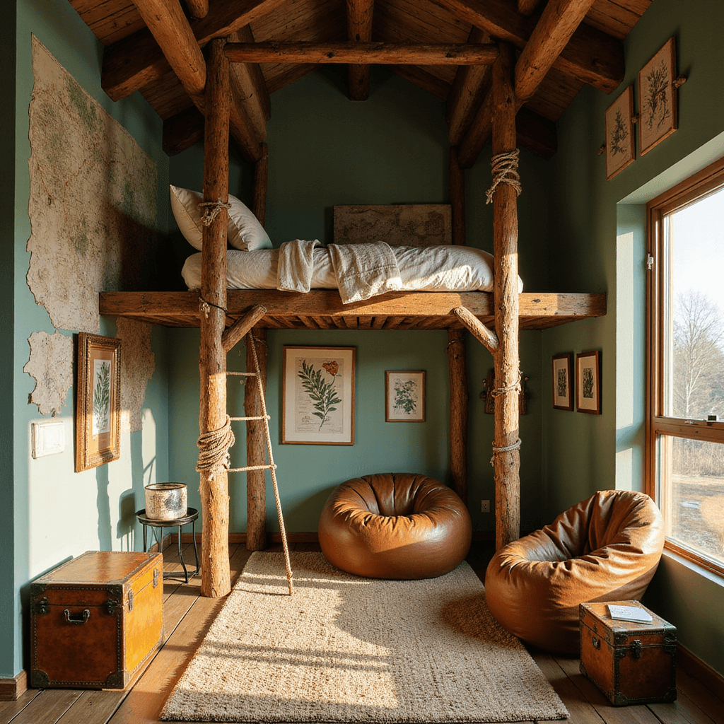 Aerial view of a cozy, adventure-themed bedroom during golden hour, featuring sage green walls adorned with topographic map murals, a treehouse-style loft bed with a rope ladder, and a reading nook with a distressed leather bean bag and vintage trunk, all highlighted by warm light casting dramatic shadows.