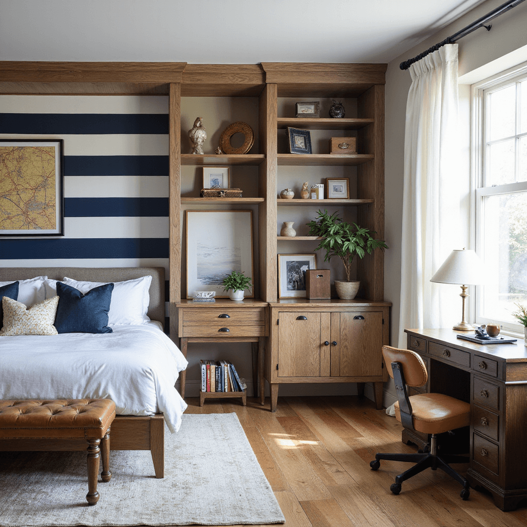 Detail shot of a vintage-modern fusion bedroom featuring a navy and white striped wall, custom built-in storage bed, antique desk as a gaming station, and a gallery wall of vintage maps and contemporary art, all illuminated by soft mid-morning light.