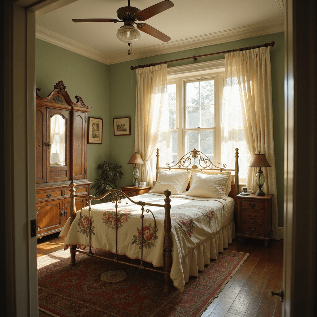 A vintage bedroom with a brass bed dressed in ivory linens and a quilt, sunlight filtering through lace curtains, featuring an oak armoire and distressed nightstands with mercury glass lamps, captured with warm tones and soft textures.
