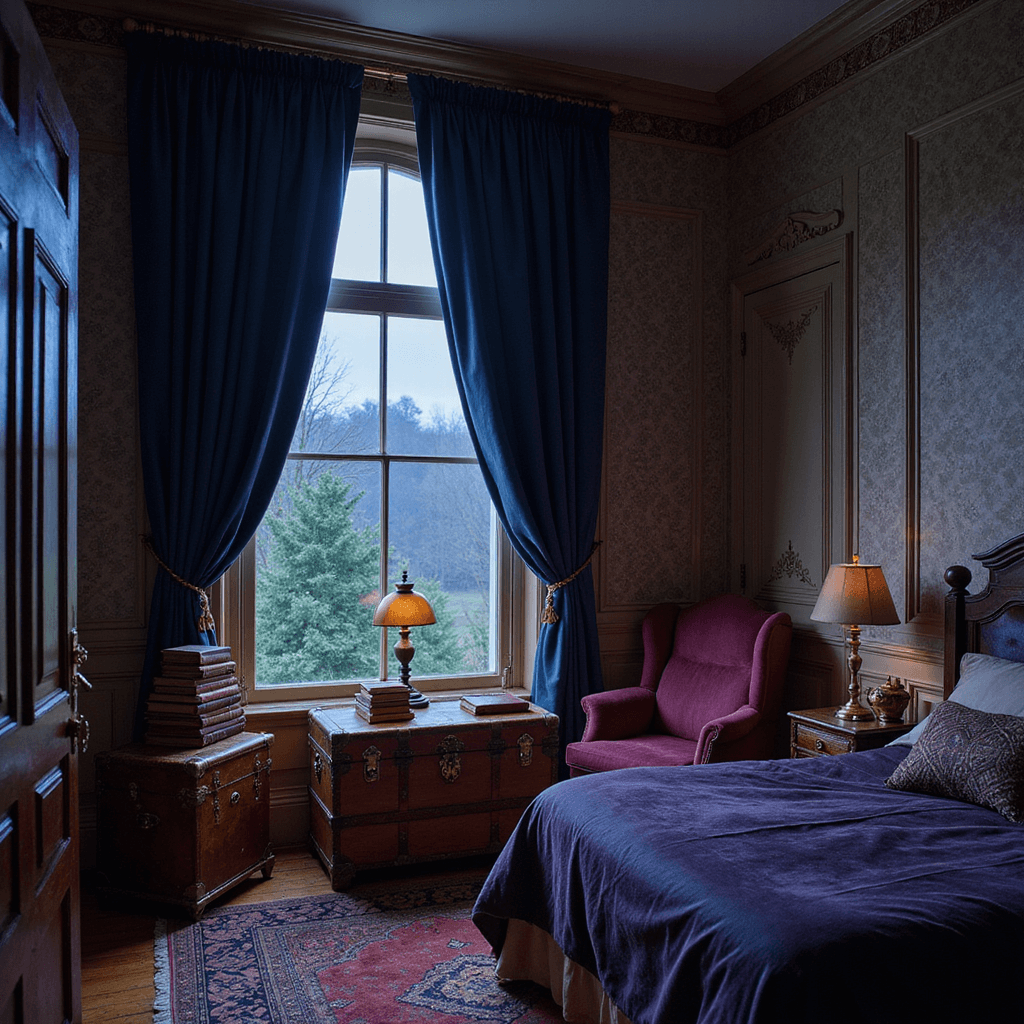 An intimate Victorian-era bedroom corner at blue hour, featuring a velvet reading chair in deep aubergine next to a tall arched window, a vintage trunk as a side table with leather-bound books and a tarnished brass lamp, and heavy steel blue damask curtains, captured from a low angle to emphasize the intricate plasterwork and ceiling height, with moody lighting highlighting the rich textures of velvet, wallpaper, leather, and wood.