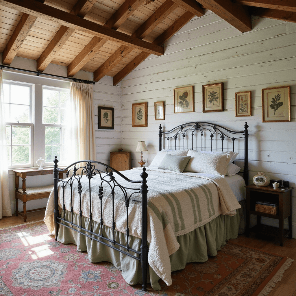 A vintage farmhouse bedroom with a wrought iron bed and a cream and sage striped chenille bedspread, featuring a beadboard ceiling with exposed beams, whitewashed plank walls adorned with antique botanical prints, and wide-plank pine floors with faded Persian rugs, all illuminated by soft morning light filtering through sheer curtains.