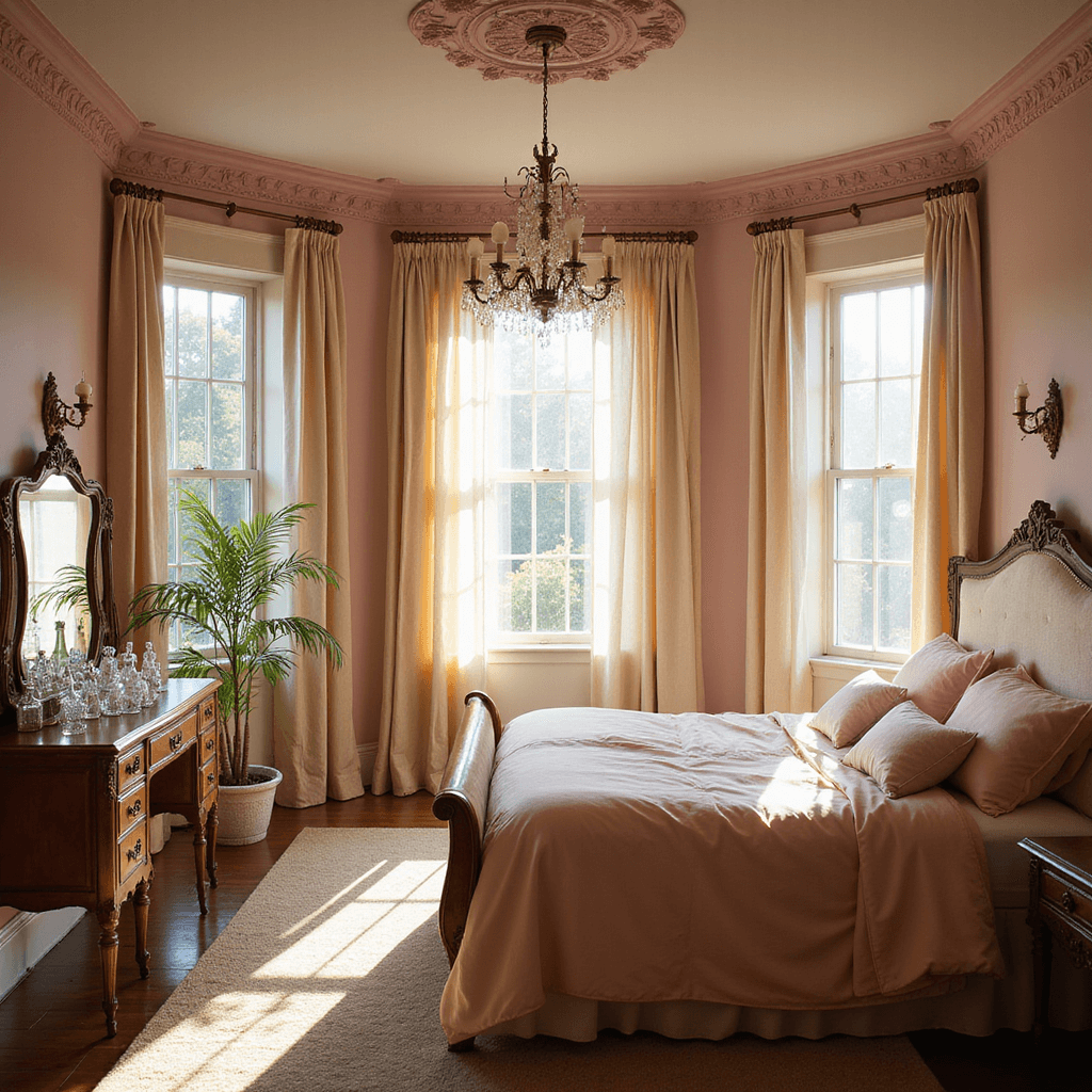 A romantic vintage boudoir featuring a blush silk-upholstered French provincial bed beneath a 13ft ceiling with a rose medallion, an antique vanity with crystal perfume bottles, and champagne silk curtains, all bathed in soft afternoon light for a dreamy effect.