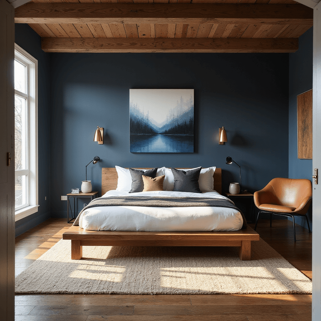 A masculine bedroom featuring a walnut platform bed against a navy accent wall, illuminated by golden hour sunlight through floor-to-ceiling windows, with brushed brass sconces, abstract art, crisp white linens, and a camel leather chair, all under exposed wooden beams.