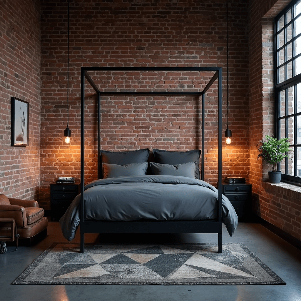 An industrial-style bedroom featuring an exposed brick wall, black metal canopy bed with slate gray linens, and a distressed leather armchair beside a raw steel side table. The scene captures the moody blue hour ambiance with a pendant light casting dramatic shadows, polished concrete floors, and a geometric charcoal and cream area rug. The low camera angle emphasizes the ceiling height and industrial details.