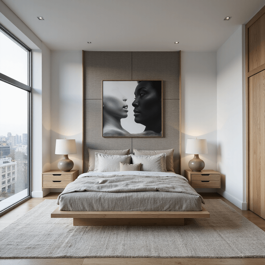 Modern minimal master bedroom at dawn with floor-to-ceiling windows showcasing city views, a bleached oak platform bed against a textured warm gray accent wall, floating nightstands with ceramic lamps, oversized black and white photography, and layered neutral bedding.