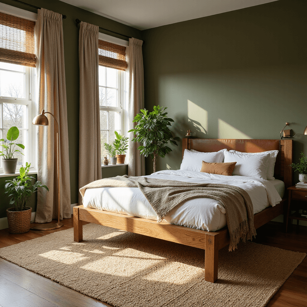 A cozy mid-morning bedroom with olive green walls and a reclaimed wood bed frame featuring a leather headboard, accented by potted fiddle leaf fig and snake plants. A brass floor lamp casts warm light over a textured jute rug, while woven bamboo blinds and heavy linen drapes filter the natural light. The camera captures the depth of the room, highlighting the interaction of organic elements and textures.