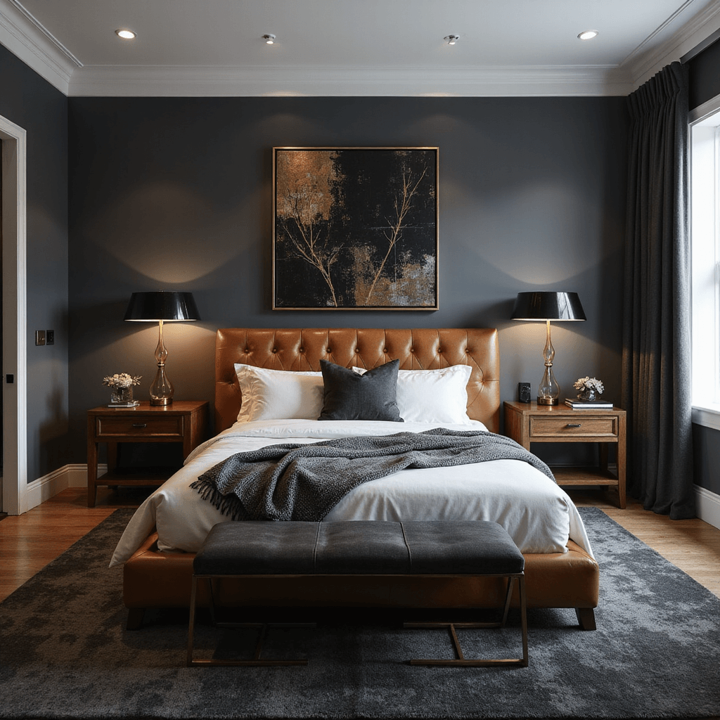 A sophisticated bedroom with charcoal gray walls, a cognac leather upholstered bed, dark walnut nightstands, and an abstract canvas. Ambient lighting enhances the intimate atmosphere, highlighting brass details and a plush charcoal carpet.