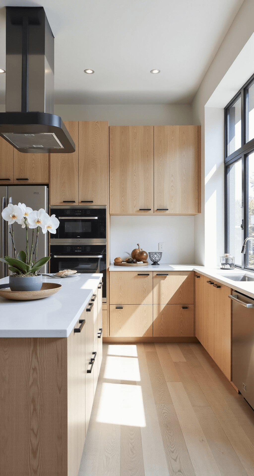 Modern minimalist kitchen featuring floor-to-ceiling rift-cut white oak cabinets, a quartz waterfall island, and wide-plank white oak flooring, illuminated by morning light from large windows, with minimal decor including an orchid and geometric fruit bowl.