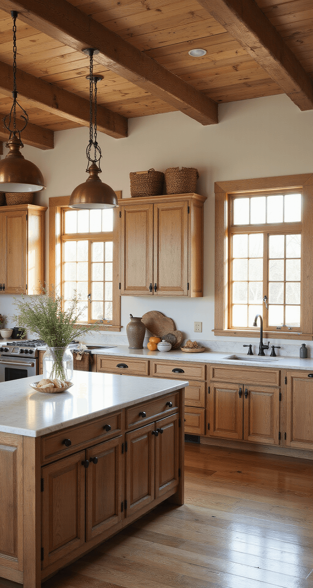 A spacious 18x22ft rustic farmhouse kitchen featuring exposed wooden beams and quartersawn white oak cabinets with vintage copper handles, illuminated by golden hour light filtering through farmhouse windows. A reclaimed wood island with a marble top is central to the room, styled with vintage ceramics, dried herbs, and woven baskets, all set in a warm palette of honey oak, aged copper, cream, and weathered grays.