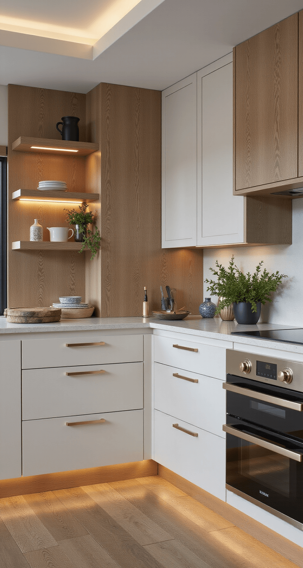 A contemporary L-shaped kitchen featuring mixed rift-cut and bespoke white oak cabinets with brushed brass pulls, ambient LED underlighting, and floating shelves displaying ceramics, styled with geometric vases and modernist cookware against a palette of blonde oak, warm brass, charcoal, and white.