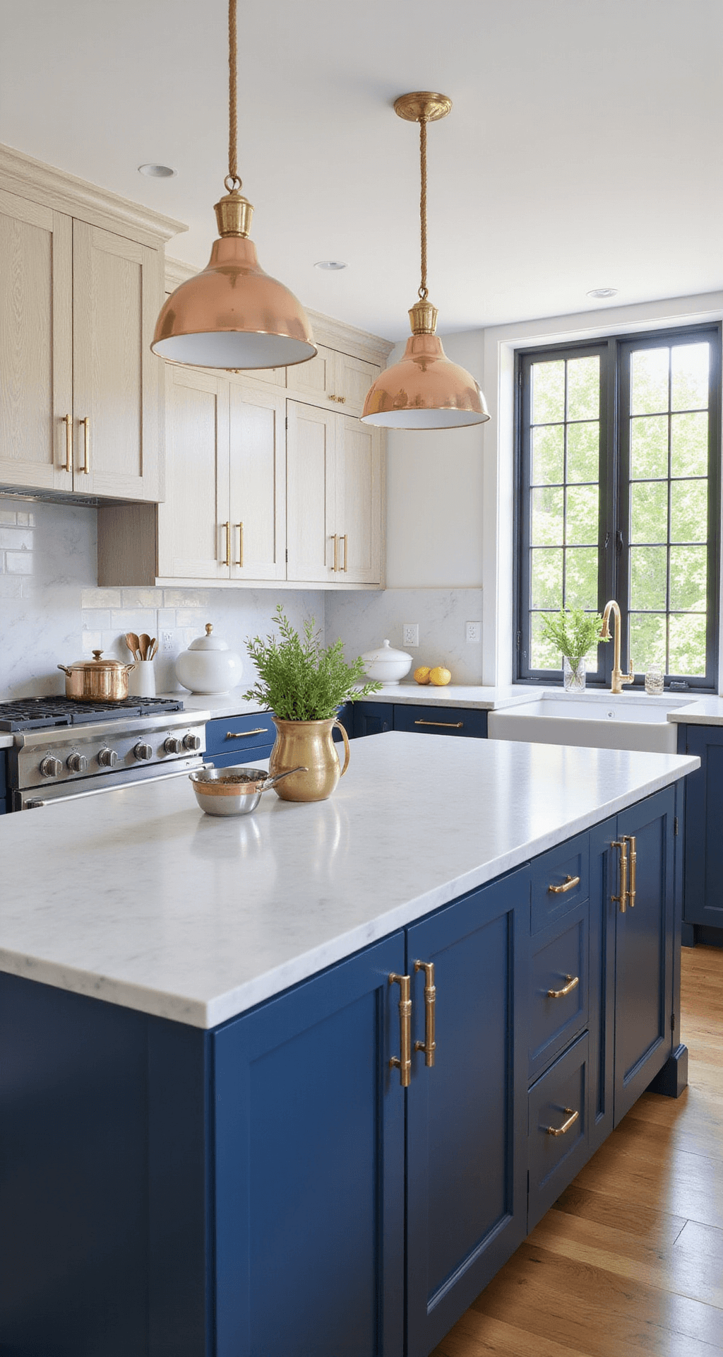 A transitional kitchen featuring cerused white oak upper cabinets and navy lower cabinets in a 14x20ft space with 9ft ceilings, illuminated by natural light and pendant lighting over a marble-topped island, showcasing layered decor with copper cookware, white ceramics, and fresh herbs.