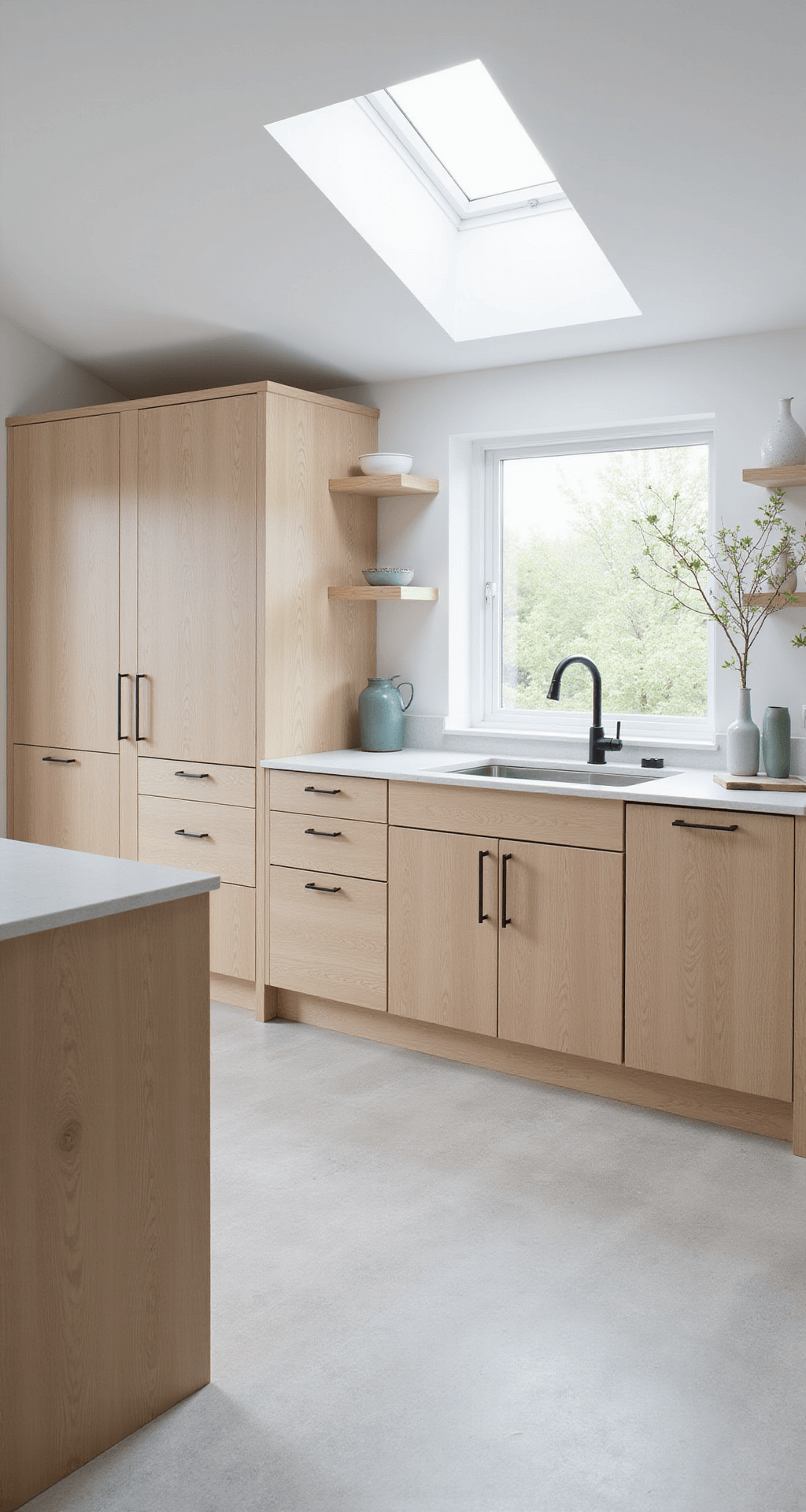 Bright Scandinavian kitchen featuring natural raw white oak cabinets with invisible hardware, a pitched ceiling, and pale limestone flooring, illuminated by skylight, with minimal decor of pale ceramics and preserved botanicals.
