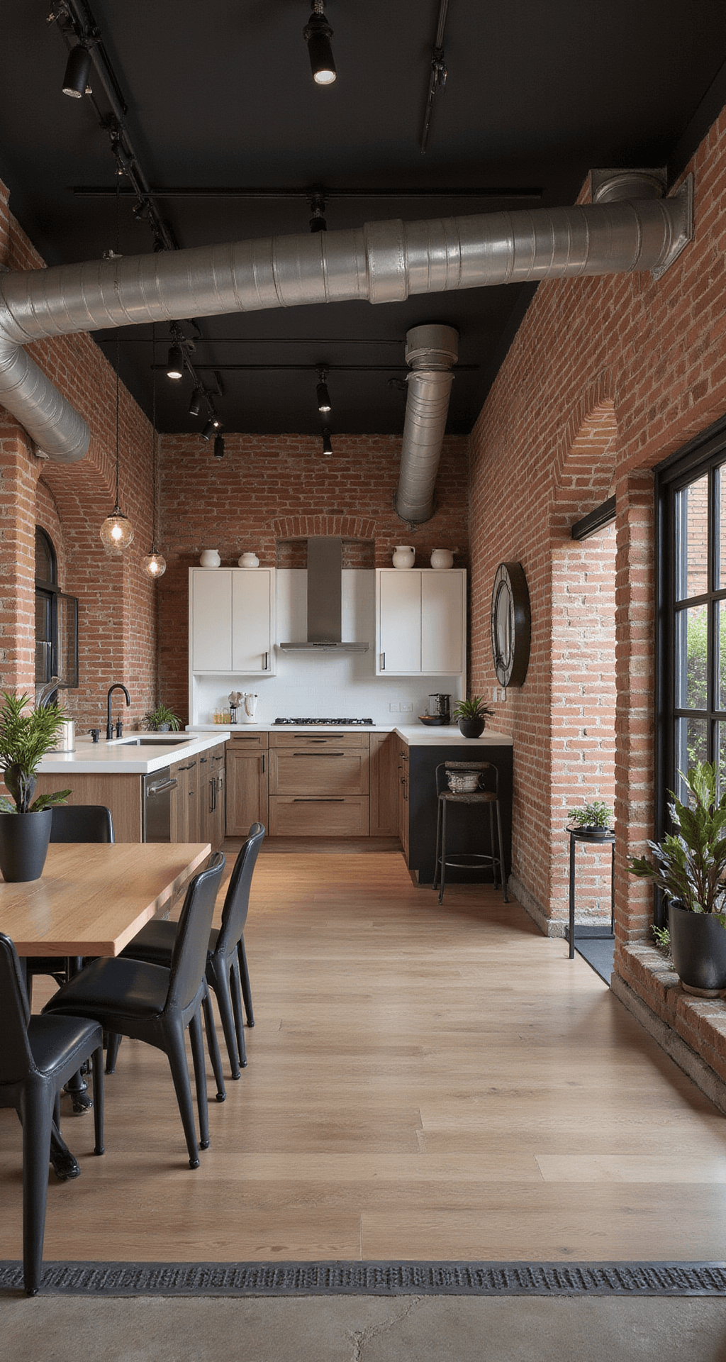 Open concept kitchen featuring stained white oak cabinets with blackened steel hardware, exposed brick walls, and metal ductwork. The space is well-lit with dramatic track lighting, styled with black ceramics, steel accessories, and architectural plants. A rich palette of deep oak tones, black steel, brick red, and charcoal enhances the industrial luxe aesthetic.