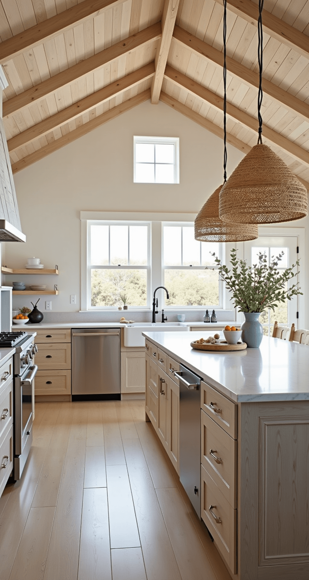 Airy kitchen with white oak vaulted ceiling, light-washed oak cabinets, and bleached oak island with concrete top, featuring golden hour lighting through large windows, styled with woven textures and coastal ceramics in a palette of bleached oak, sandy beige, ocean blue, and white.
