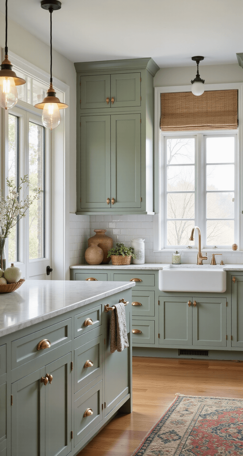 A spacious modern farmhouse kitchen with sage green Shaker-style cabinets, white marble countertops, and a farmhouse sink, illuminated by morning sunlight through west-facing windows. Vintage pendant lights hang above a central island, with hardwood floors and decorative ceramic vessels completing the elegant design.