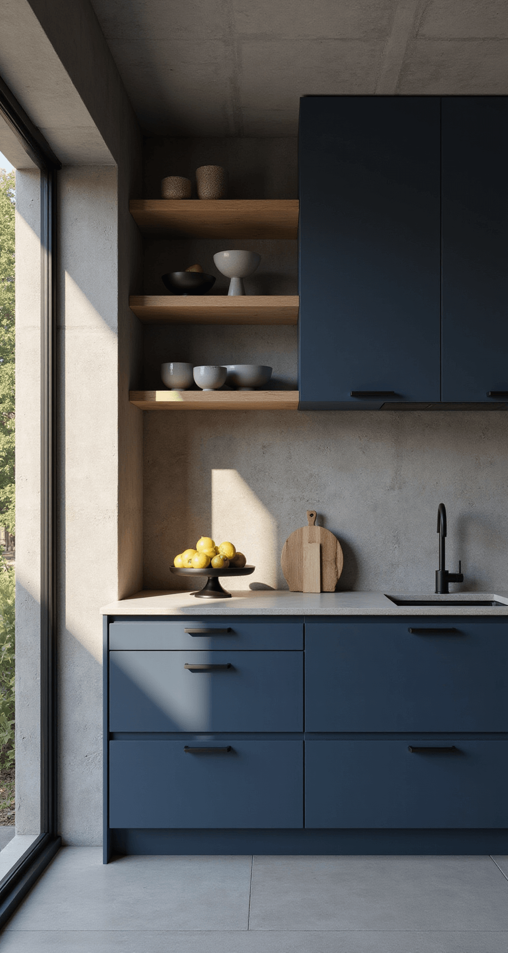 Contemporary kitchen featuring deep navy blue slab-front cabinets, matte black fixtures, and warm wood open shelving, illuminated by late afternoon light casting strong shadows against industrial concrete walls.