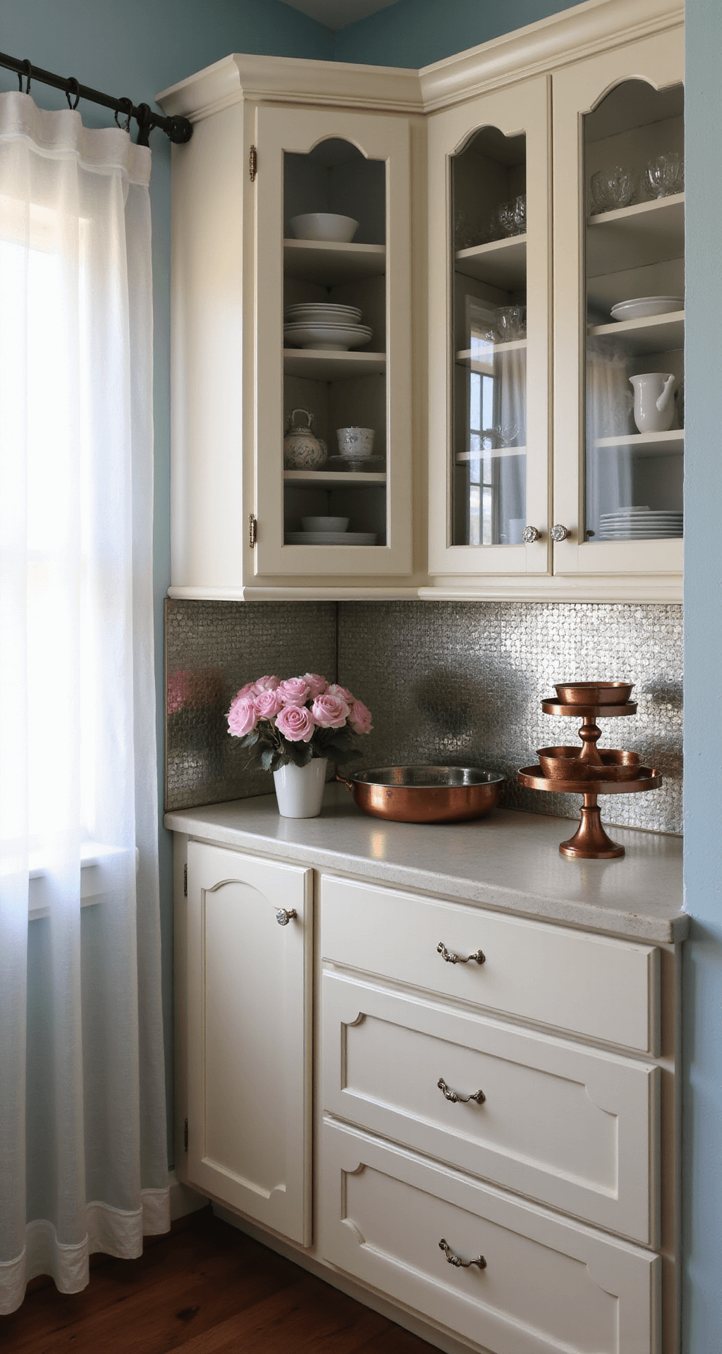 Intimate kitchen with cream cabinets, crystal knobs, soft daylight, pastel blue walls, antiqued mirror backsplash, fresh flowers, vintage cake stands, and copper cookware.