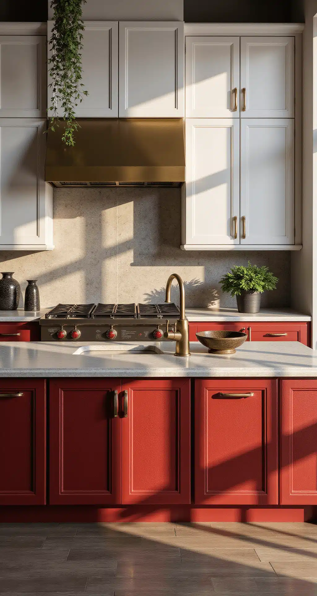 Bold kitchen with ruby red lower cabinets and warm white upper cabinets, illuminated by golden hour light, featuring a waterfall quartz island, brass fixtures, black stone accessories, and trailing plants, showcasing a modern glamour and industrial chic aesthetic.