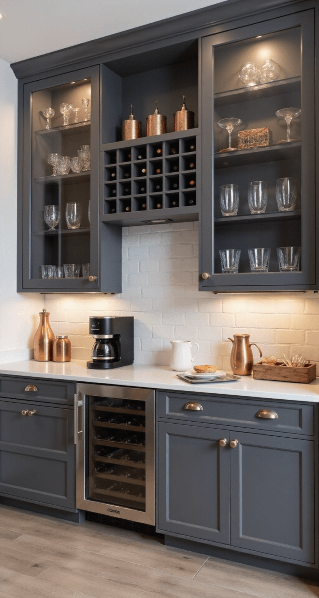A luxurious 13x16ft kitchen with a dedicated beverage station, featuring charcoal grey glass-front cabinets, recessed lighting, custom wine storage, and a coffee bar, seamlessly integrated appliances, and elegant styling with glassware and metallic accents.