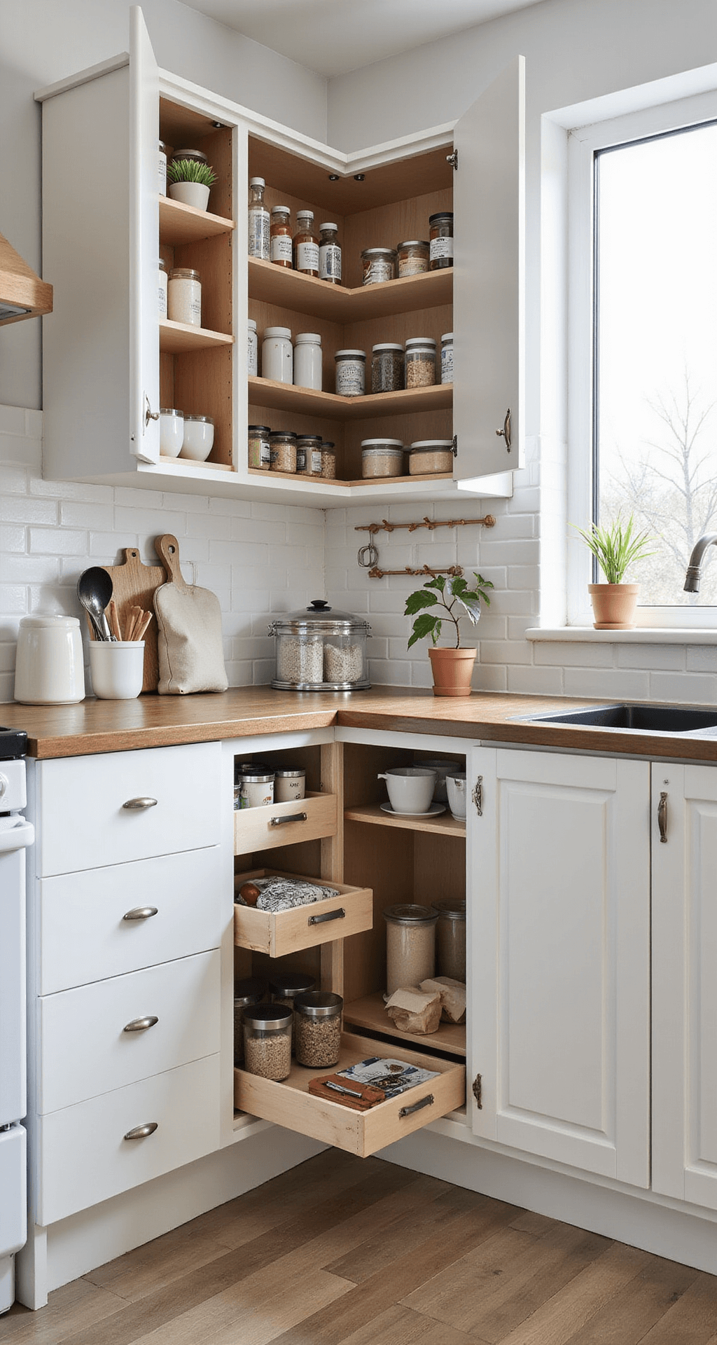 Compact kitchen design with floor-to-ceiling white cabinets and light wood accents, featuring pull-out pantry, corner organizers, labeled containers, and fold-away workspace, shot from an elevated angle to showcase space efficiency and natural light.