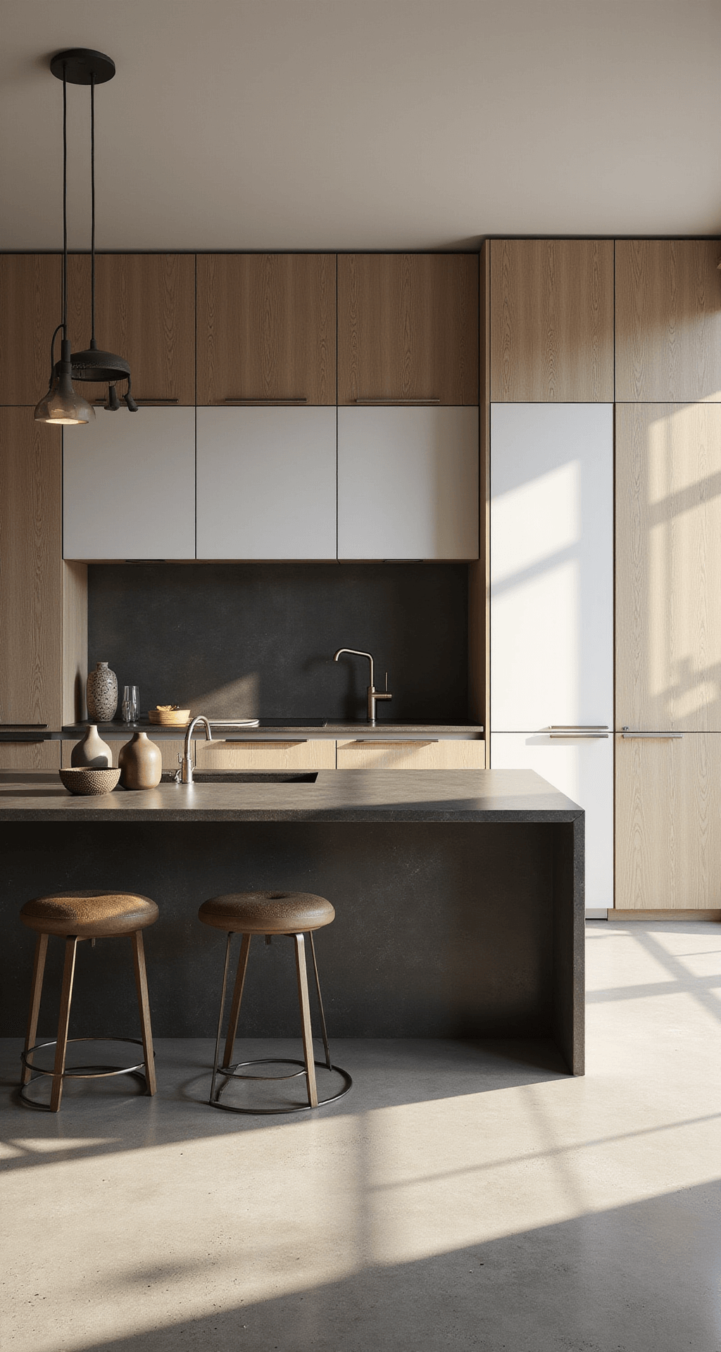 Modern 16x20ft kitchen showcasing mixed material cabinet fronts in bleached oak, matte white, and textured glass, illuminated by afternoon sunlight casting shadows; features a dramatic dark stone waterfall island, minimal decor with geometric vessels, and architectural lighting, creating a blend of contemporary luxury and organic elements.