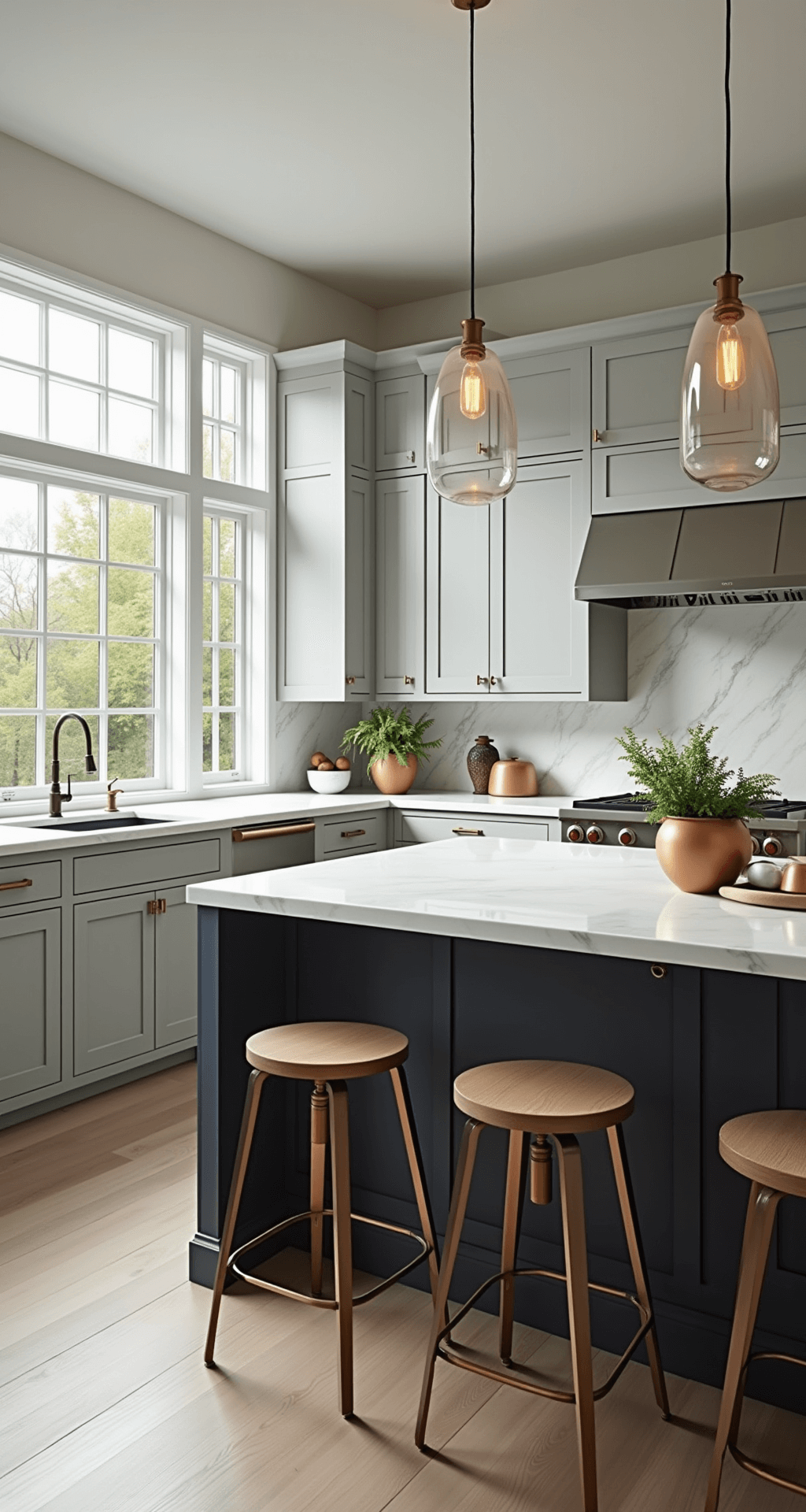Modern gray kitchen with floor-to-ceiling windows, featuring dove gray Shaker cabinets, brass hardware, a charcoal island with white Carrara marble, and artisan ceramics. Natural light highlights polished surfaces and textured cabinets.
