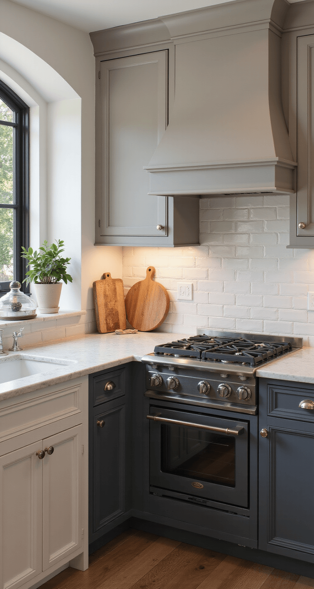 Transitional kitchen featuring two-tone gray cabinets and a vintage-inspired matte black range, beautifully lit during golden hour with an architectural archway and warm, inviting decor.