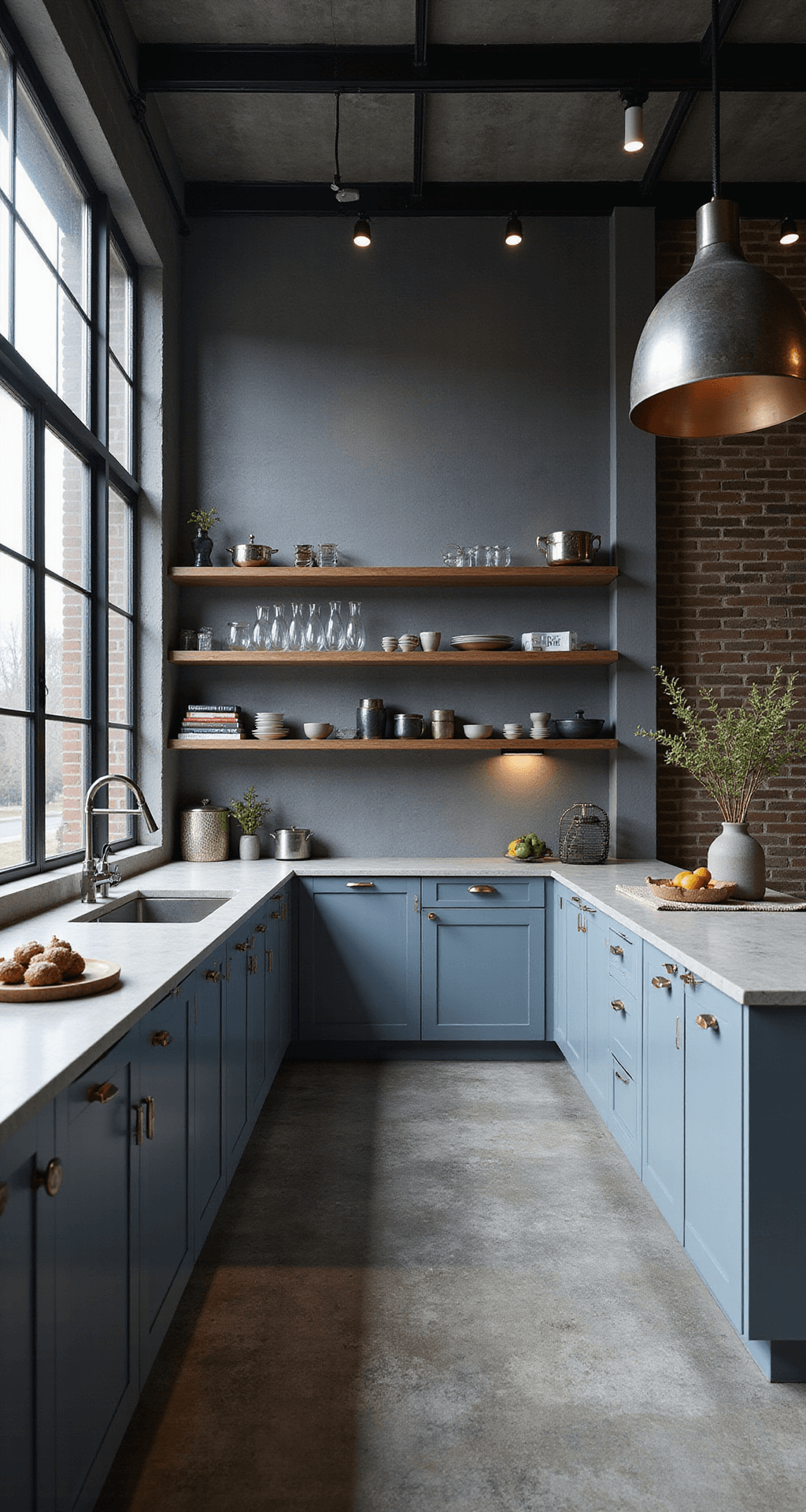 An industrial-modern kitchen featuring cool blue-gray cabinets, concrete countertops, and black steel-framed windows, illuminated by mid-morning light. Floating shelves hold stylish kitchenware, and dramatic aged zinc pendant lights cast striking shadows. The elevated view showcases a geometric layout with metallic accessories and patterned decor, creating a high contrast, moody atmosphere.