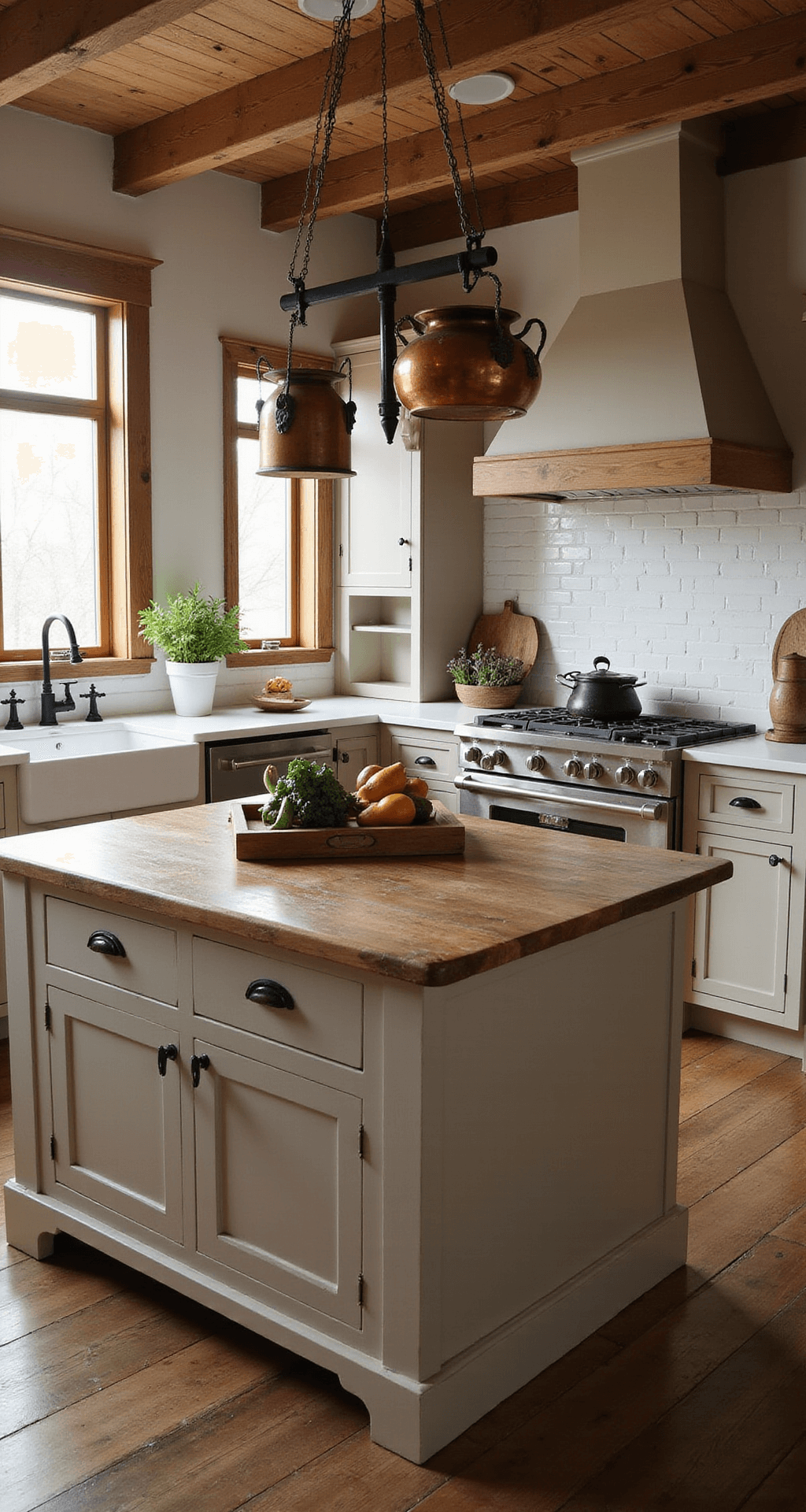 A cozy farmhouse-contemporary kitchen featuring warm greige cabinets with black iron pulls, a reclaimed wood island with modern waterfall edges, exposed wooden beams, and antique copper pots hanging from a ceiling rack, styled with vintage scales, earthenware crocks, and fresh produce, illuminated by natural and warm artificial light.