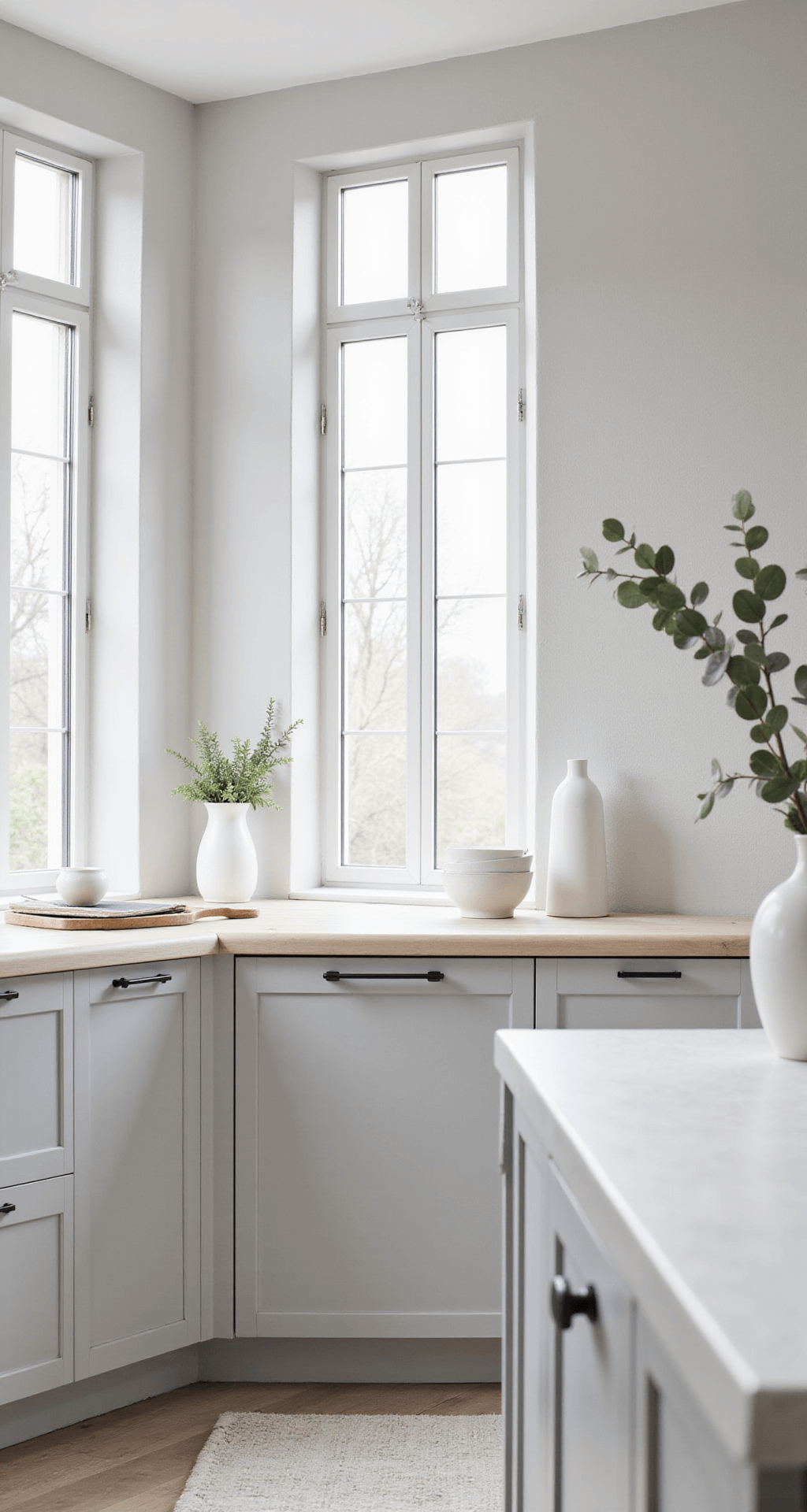 A serene Scandinavian minimalist kitchen featuring dove gray slab-front cabinets with integrated handles, white quartz countertops, and pale ash wood accents, illuminated by diffused daylight through floor-to-ceiling windows adorned with sheer linen curtains. The low angle shot captures clean lines and a peaceful aesthetic, complemented by minimal styling of white ceramics and a single branch of eucalyptus.