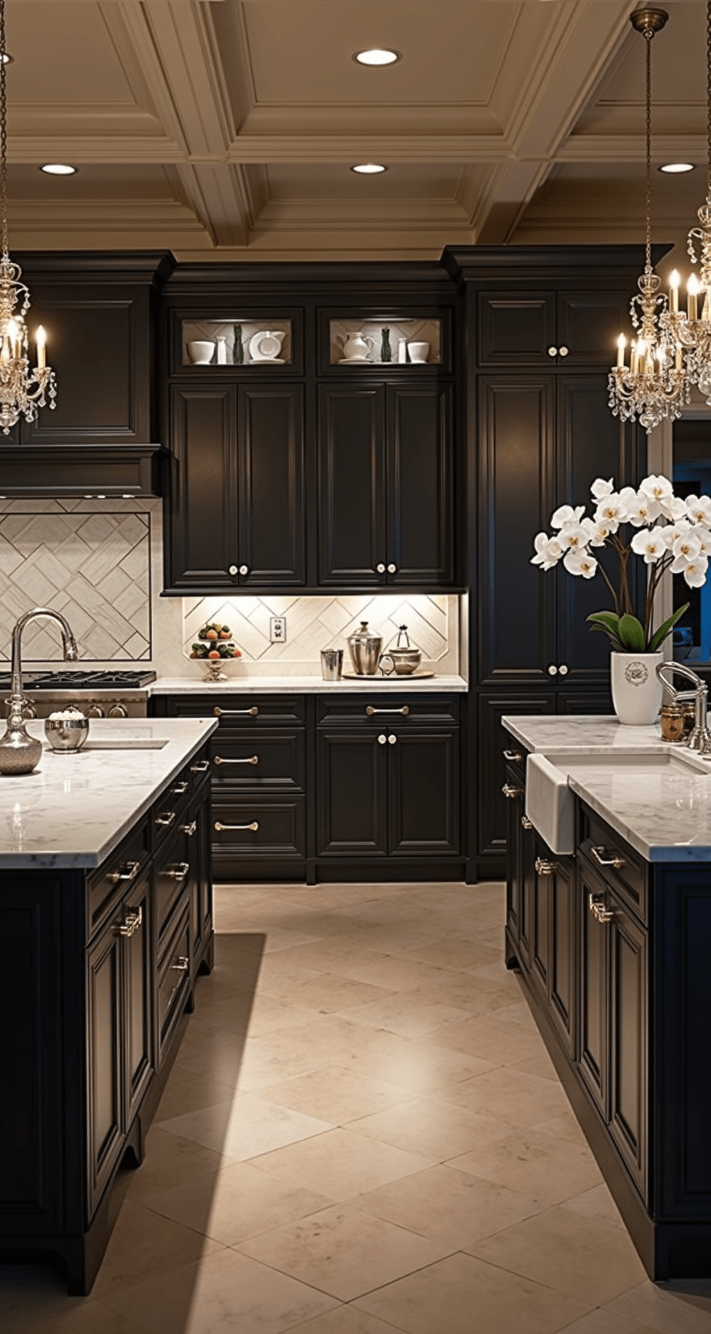 A luxurious traditional kitchen with deep charcoal cabinets and marble counters, featuring a coffered ceiling and chandeliers, styled for evening entertaining with a silver tea service and orchids, seen from the doorway to capture its grandeur.