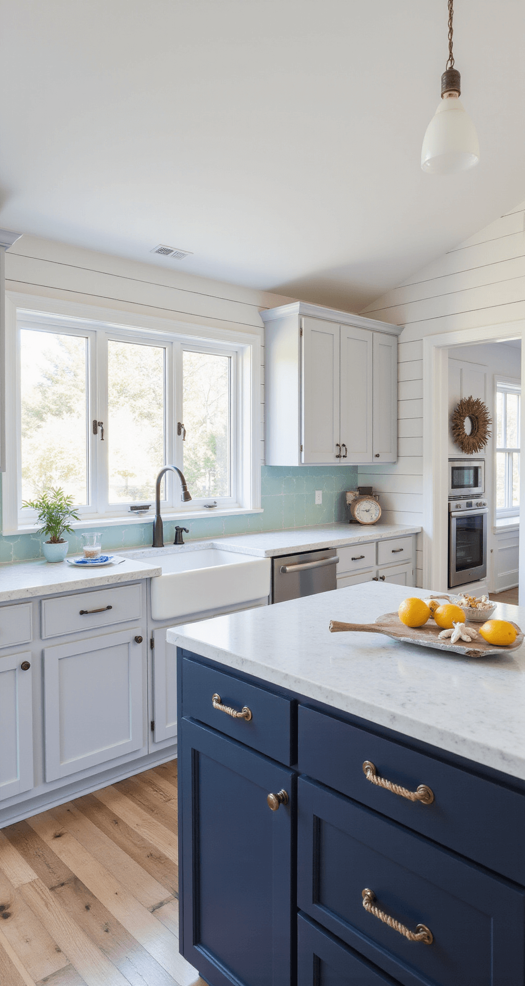 A bright coastal modern kitchen featuring pale gray cabinets with rope pulls, a navy island, and quartzite counters accented by a seafoam glass backsplash. The vaulted ceiling enhances the airy atmosphere, complemented by a white shiplap accent wall. The image captures the indoor-outdoor flow, styled with blue-white chinoiserie, driftwood, and a citrus bowl, all bathed in natural light.