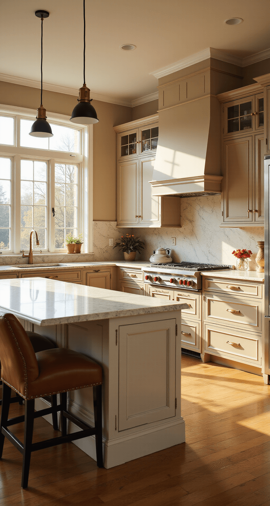 Interior view of a spacious kitchen with floor-to-ceiling windows, beige cabinets, Calacatta marble countertops, vintage leather barstools, and warm lighting, captured at golden hour.