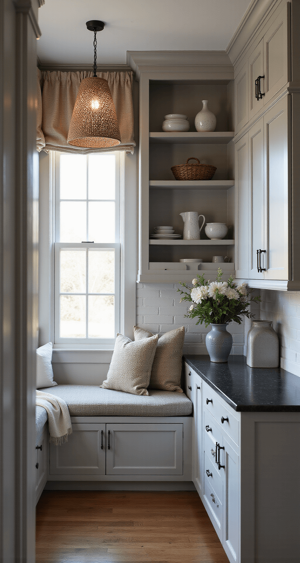 A modern farmhouse kitchen nook featuring greige cabinets and black iron hardware, with white oak open shelving showcasing artisanal ceramics, honed black granite countertops, and a woven pendant light, all illuminated by morning light filtering through cafe curtains.