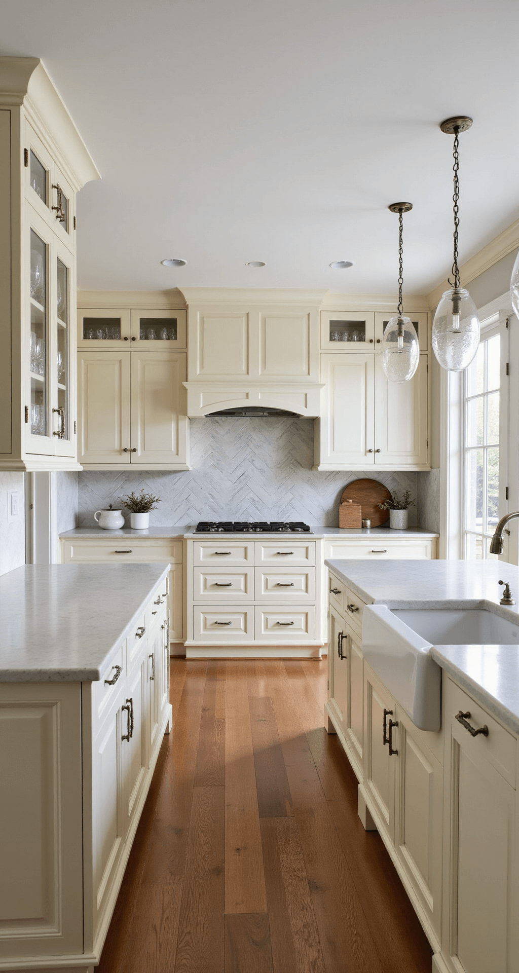 Wide-angle view of a transitional kitchen with warm cream cabinets, brushed nickel hardware, and white quartz countertops, featuring glass-front upper cabinets, a central island with beadboard detail, antiqued mirror panels, and a herringbone marble backsplash, illuminated by recessed lights.