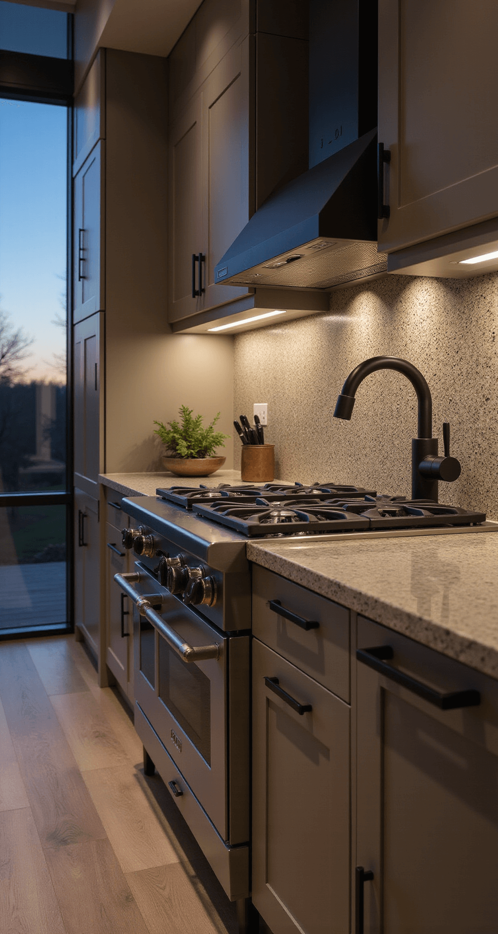 Detail shot of a contemporary kitchen vignette featuring floor-to-ceiling taupe cabinets, professional-grade appliances, illuminated textured glass backsplash, and contrasting matte black fixtures, captured with a shallow depth of field at dusk.