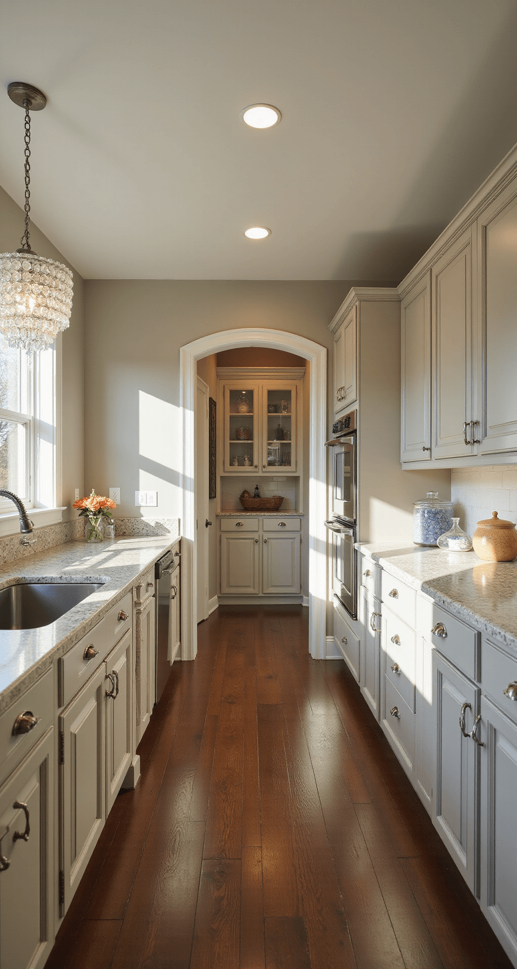 Eye-level view of a traditional kitchen showcasing beige-gray cabinets with raised panels, polished chrome hardware, and granite countertops in 'White Spring', illuminated by afternoon sunlight; a crystal chandelier above the island casts light patterns, with a butler's pantry visible through an archway.