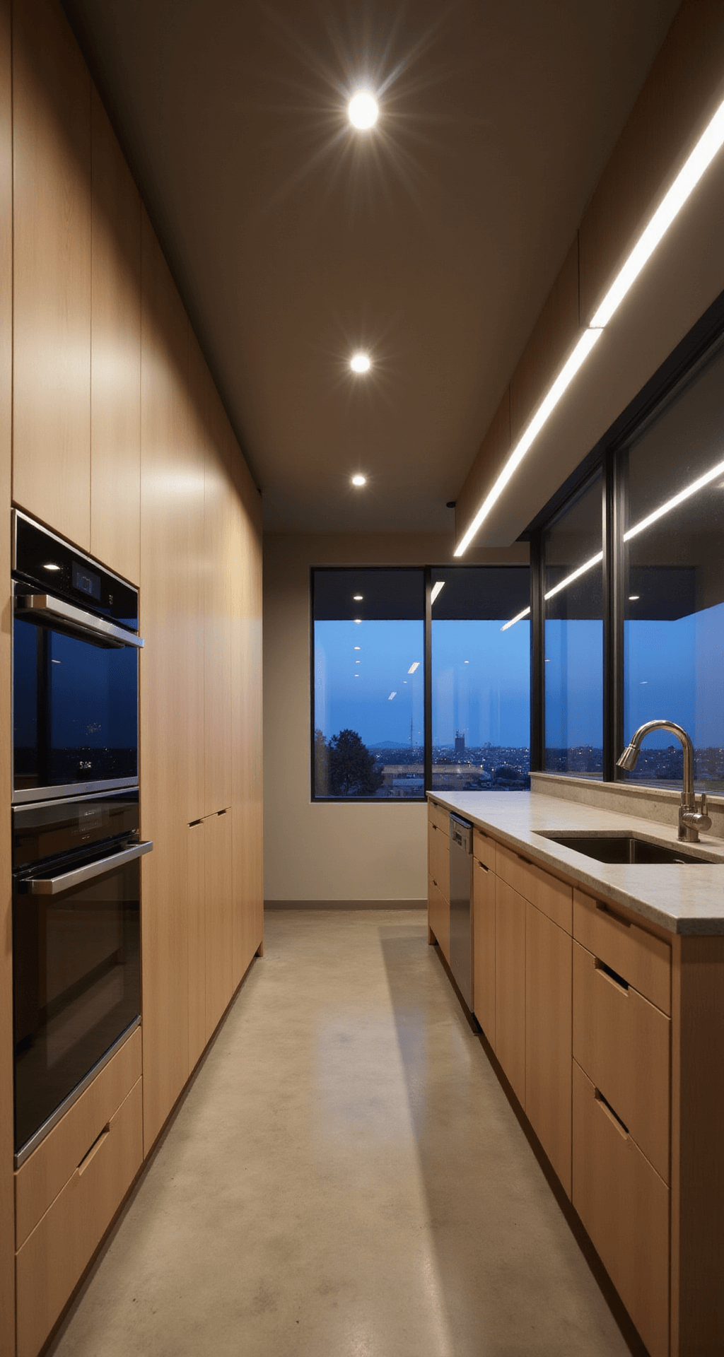 Minimalist kitchen at twilight featuring sleek beige cabinets and concrete countertops, illuminated by dramatic linear LED lighting, with reflections of city lights visible in floor-to-ceiling windows and stainless steel appliances enhancing the industrial aesthetic.