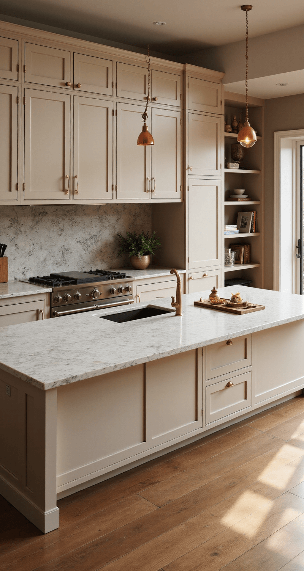 Overhead view of a spacious kitchen with warm beige cabinets, quartzite countertops featuring dramatic veining, copper pendant lights, and a mix of closed storage and display niches.