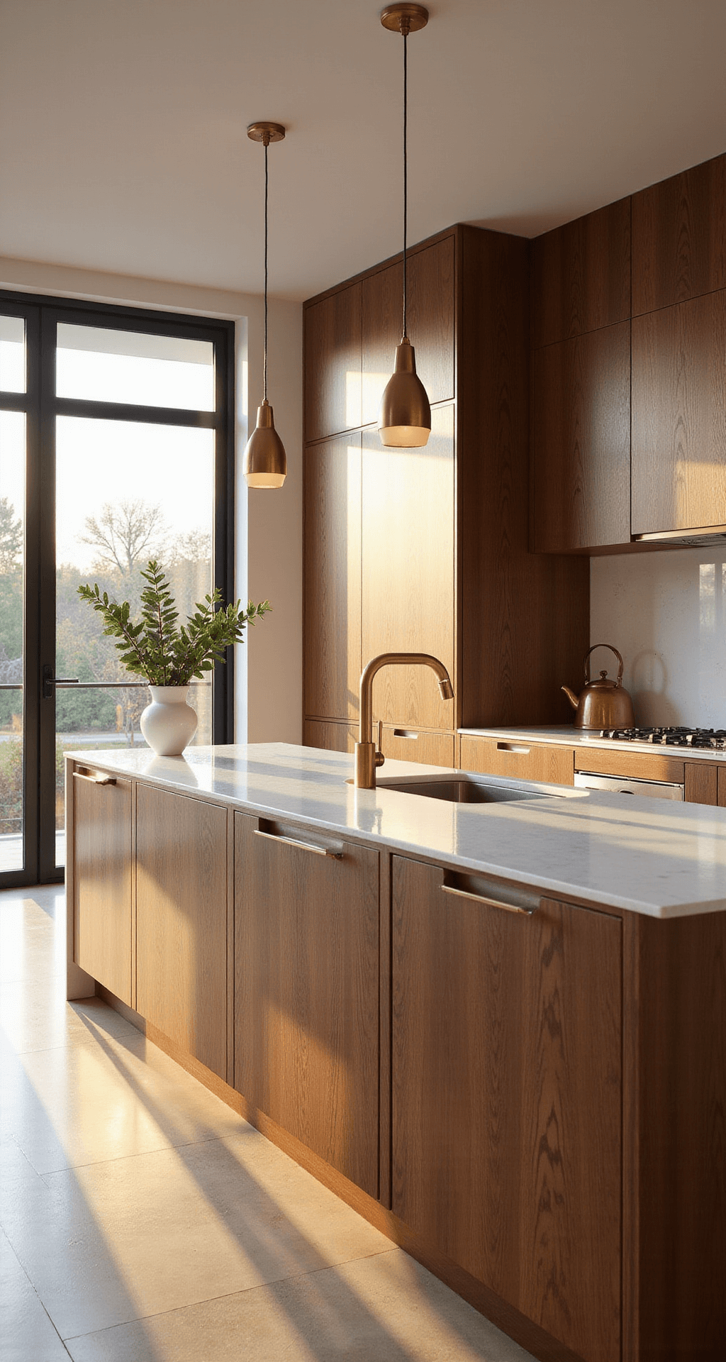 A modern kitchen with rich walnut floor-to-ceiling cabinets, a contrasting white quartz waterfall island, and warm golden light from large windows, featuring minimal decor including a copper kettle and a vase of eucalyptus.