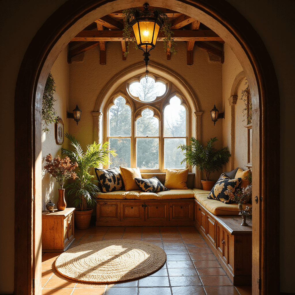 A cozy Hufflepuff common room bathed in morning light, featuring a round doorway leading to a warm bedroom with honey-colored woods and soft yellow textiles. Exposed wooden beams adorned with dried herbs cross the ceiling, while a comfortable window seat is piled with black and yellow quilts. Copper plant holders display magical specimens, and terra cotta tiles with woven rugs add texture. The scene captures a welcoming atmosphere with natural light enhanced by warm practical lighting.