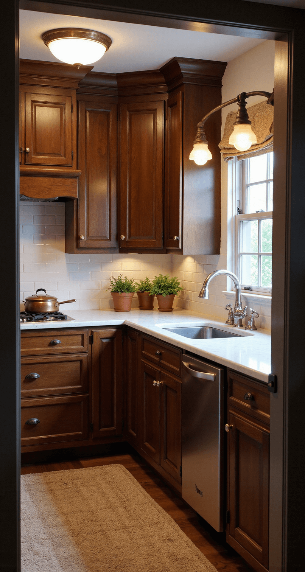 A cozy traditional kitchen in the morning blue hour, featuring walnut Shaker-style cabinets, cream marble countertops, and a subway tile backsplash, illuminated by natural light and vintage pendant lights. Copper cookware and fresh herbs in terracotta pots add warmth to the space.