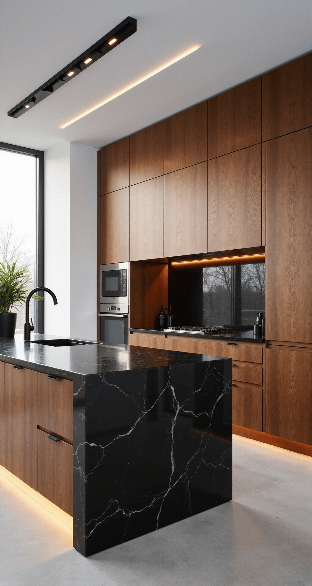 Contemporary open-concept kitchen featuring frameless walnut cabinets, a dramatic black granite waterfall island, and atmospheric LED strip lighting, styled with black ceramics and greenery, captured at golden hour from an elevated angle.