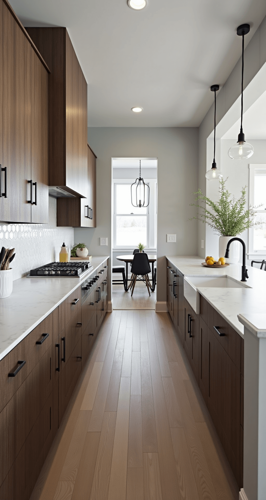 Bright and welcoming transitional galley kitchen featuring textured walnut cabinets with matte black hardware, light gray walls, and a marble hexagon backsplash, illuminated by soft midday light and recessed lighting, styled with white ceramics and potted herbs.
