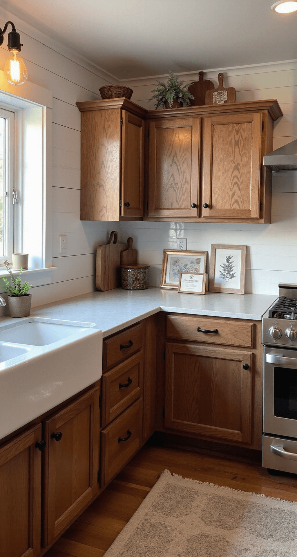 A modern farmhouse kitchen featuring walnut cabinets with beadboard detail, white shiplap walls, and soapstone countertops, captured at dusk with warm Edison bulb lighting, vintage cutting boards, and botanical prints for a nostalgic ambiance.